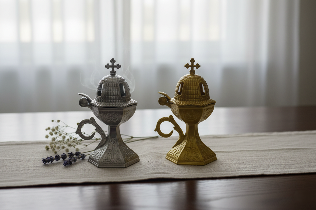 Set 2 Cățuie Metalice (Antimoniu) pentru Tămâie – Auriu și Argintiu