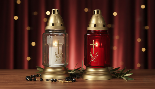 Set  2 candele felinar din Sticla Alb/Rosu, 28 Ore